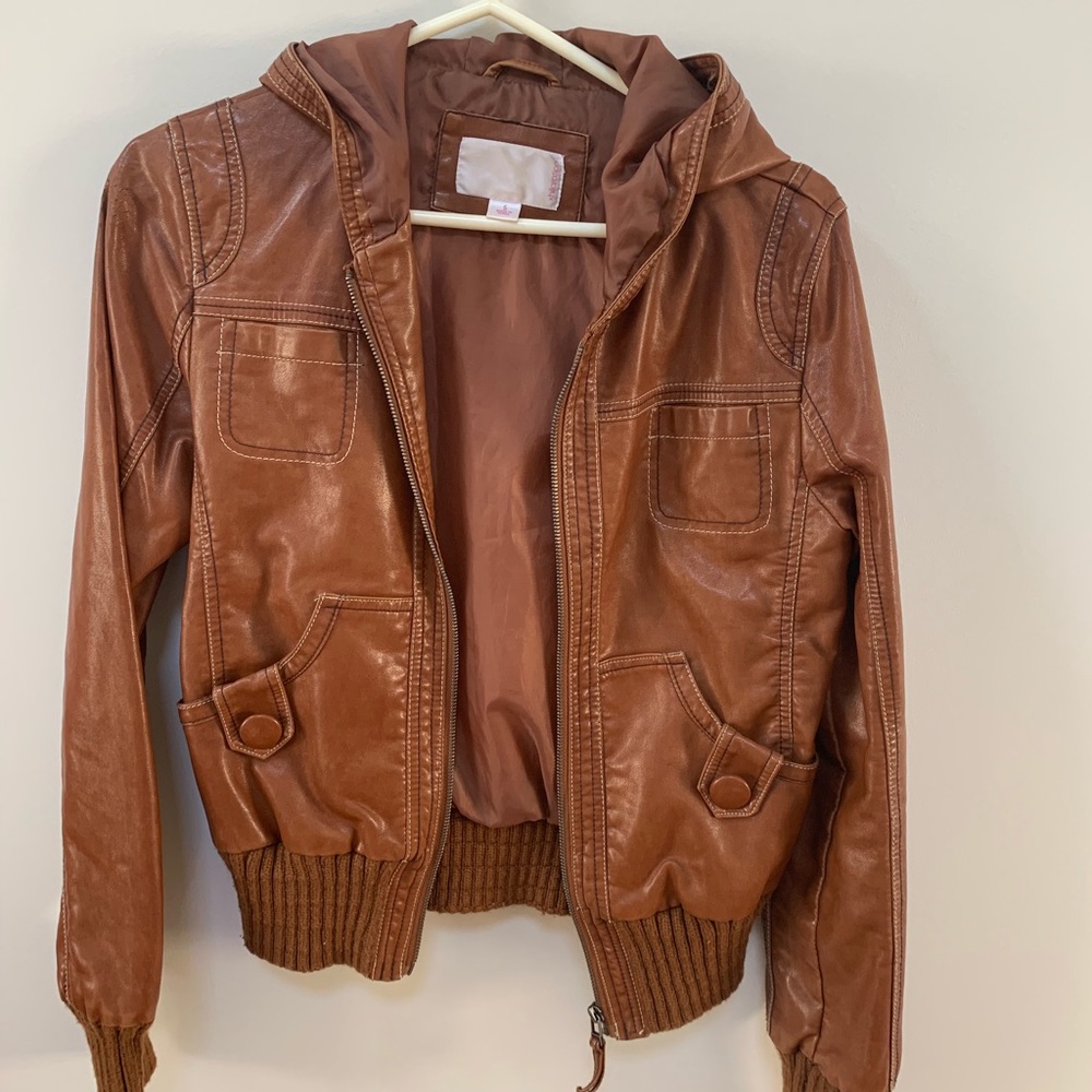 Women’s brown leather hooded jacket
